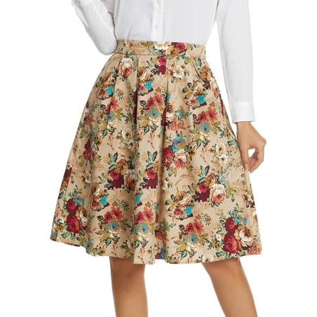 Tandisk Women's Vintage A-line Printed Pleated Midi Skirt,In Stock Size L