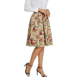 Tandisk Women's Vintage A-line Printed Pleated Midi Skirt,In Stock Size L