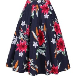 Tandisk Women's Vintage A-line Printed Pleated Midi Skirt，In Stock Size XXL