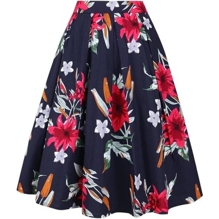 Tandisk Women's Vintage A-line Printed Pleated Midi Skirt，In Stock Size XXL