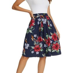 Tandisk Women's Vintage A-line Printed Pleated Midi Skirt，In Stock Size XXL