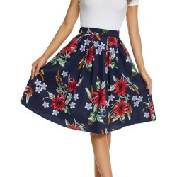 Tandisk Women's Vintage A-line Printed Pleated Midi Skirt，In Stock Size XXL