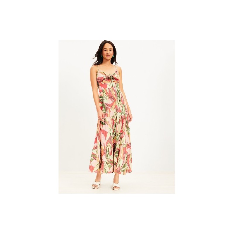 LOFT Beach Palm Tiered Tie Front Strappy Maxi Dress,In Stock Size L