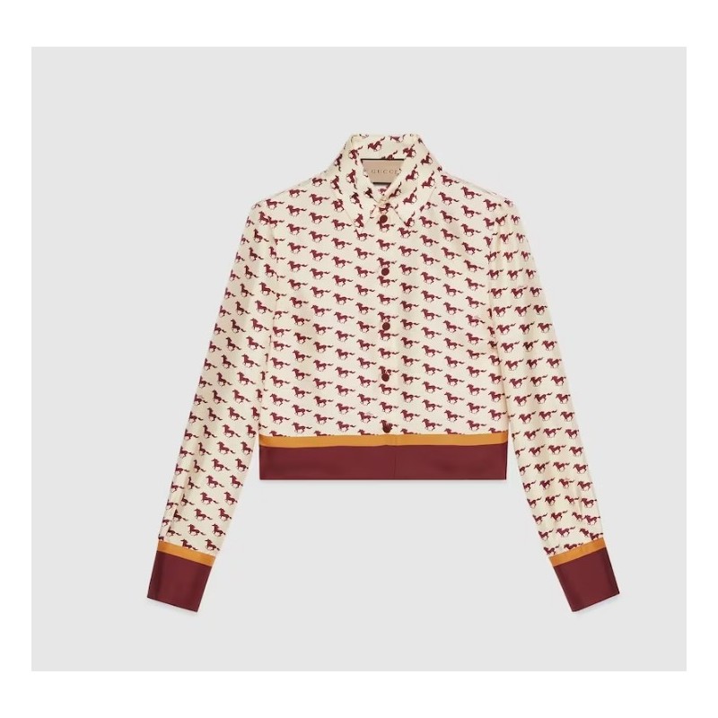 GUCCI diagonal horses print silk shirt