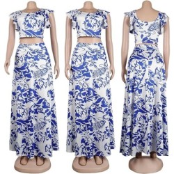 Ruffle Floral Tank Top Wrap Boho Tropical Long Skirt Set Dresses