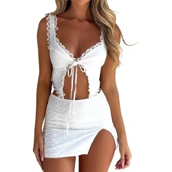 Women's Eyelet Embroidery Lace Trim Tie Front Crop Top and Mini Skirt