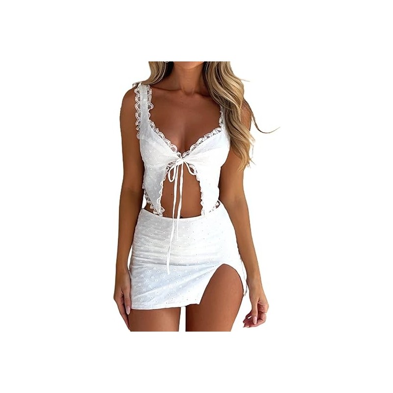 Women's Eyelet Embroidery Lace Trim Tie Front Crop Top and Mini Skirt