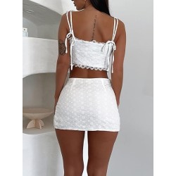 Women's Eyelet Embroidery Lace Trim Tie Front Crop Top and Mini Skirt