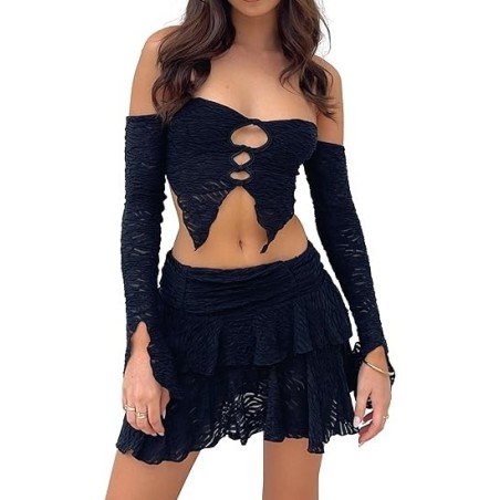 Women's  Front Asymmetrical Tube Top and Ruffle Mini Skirt