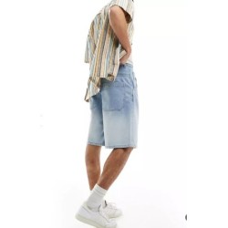 Medium wash blue long denim shorts