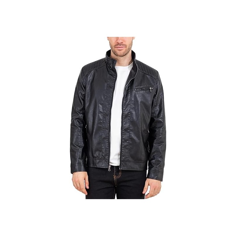 Mens Leather Jacket Slim Fit Stand Collar PU Motorcycle Jacket