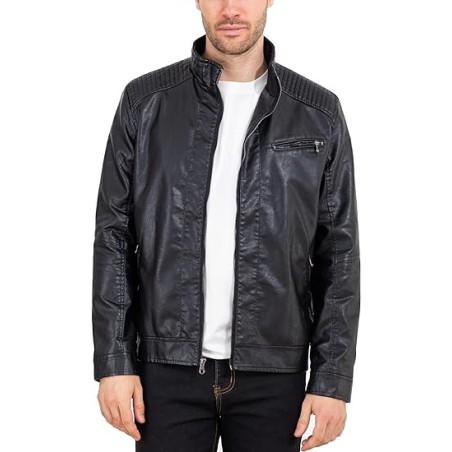 Mens Leather Jacket Slim Fit Stand Collar PU Motorcycle Jacket