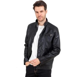 Mens Leather Jacket Slim Fit Stand Collar PU Motorcycle Jacket