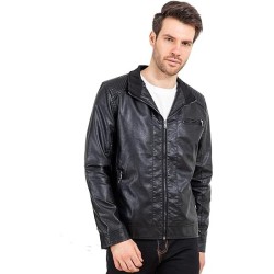 Mens Leather Jacket Slim Fit Stand Collar PU Motorcycle Jacket