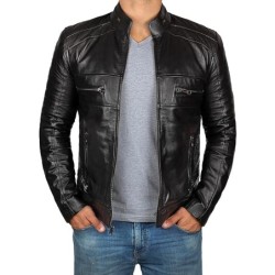 Decrum Brown Leather Jacket Mens - Cafe Racer Motorcycle Jacket