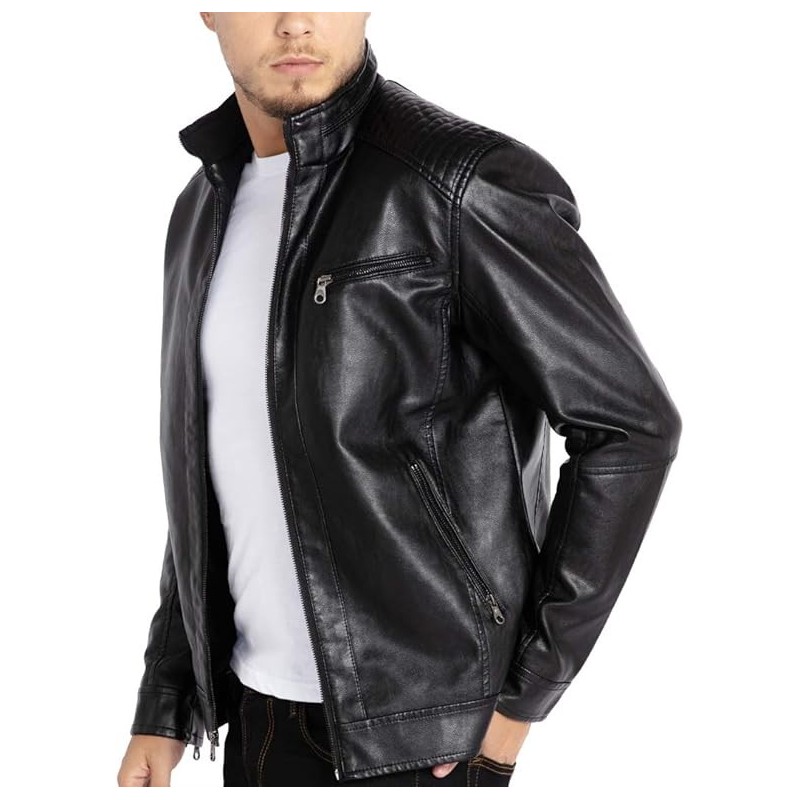 Men's Stand Collar Leather Jacket Motorcycle Faux Leather Outwear