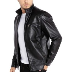 Men's Stand Collar Leather Jacket Motorcycle Faux Leather Outwear