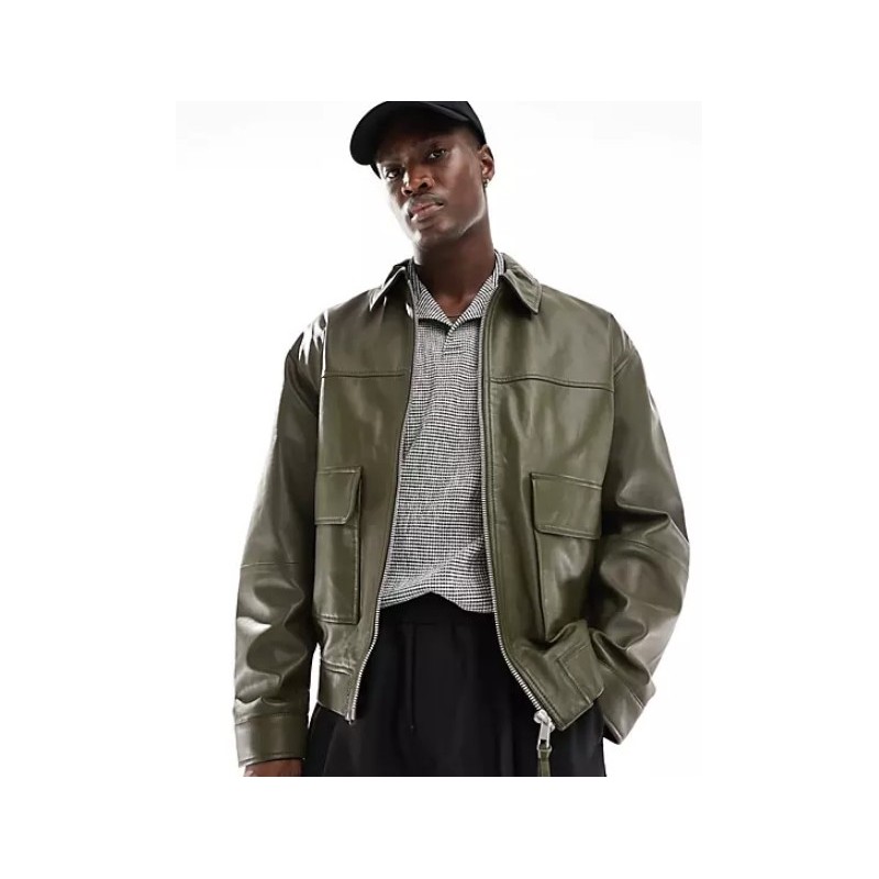 ASOS DESIGN oversized real leather bomber jacket in khaki