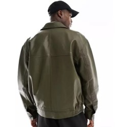 ASOS DESIGN oversized real leather bomber jacket in khaki