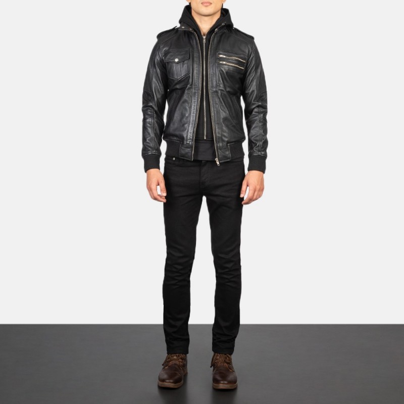 Bravado Black Hooded Leather Bomber Jacket