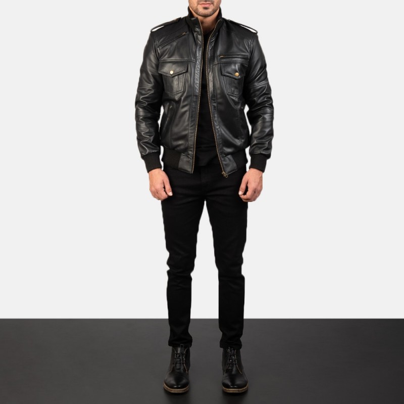 Agent Shadow Black Leather Bomber Jacket