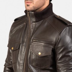 Agent Shadow Brown Leather Bomber Jacket