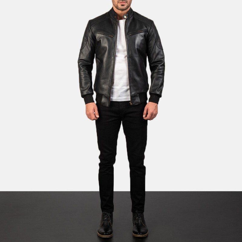 Sven Black Leather Bomber Jacket