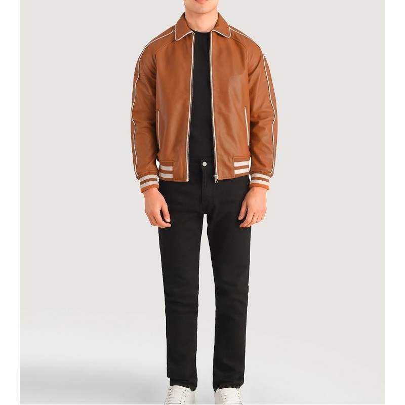 Cooper Tan Brown Leather Varsity Jacket