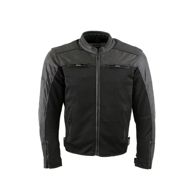 Men's Black Motorcycle Perforated Leather and Mesh Armored Jacket