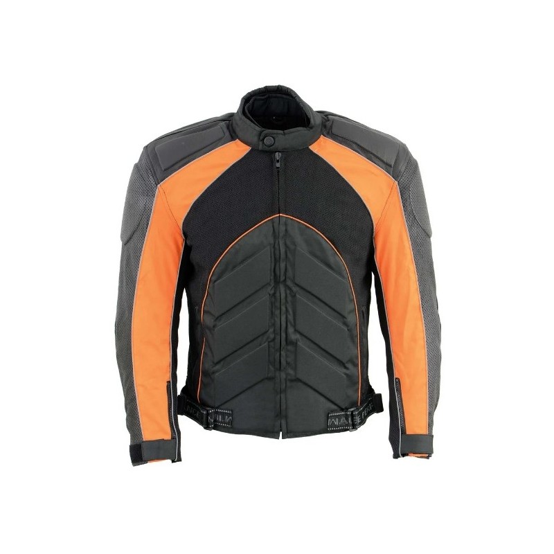 Men's Black and Orange Armored Moto Textile and Leather Combo Jacket