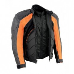 Men's Black and Orange Armored Moto Textile and Leather Combo Jacket