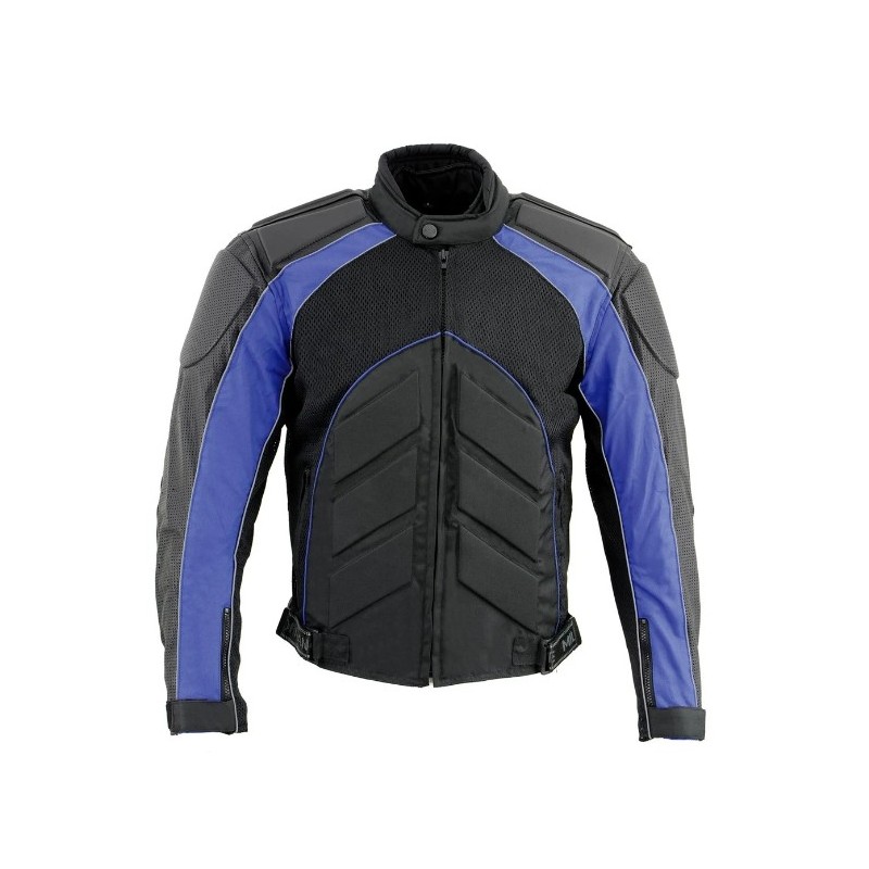 Men's Black and Blue Armored Moto Textile and Leather Combo Jacket