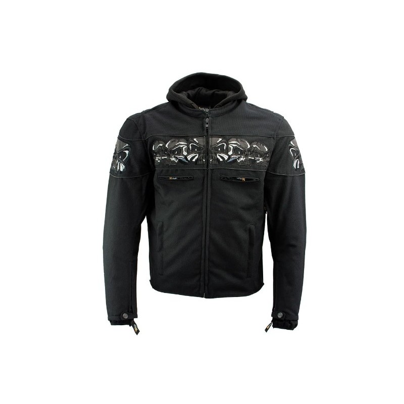 Men’s 'Vengeance' Black Armored Textile Motorcycle Jacket with Skull Embroidery