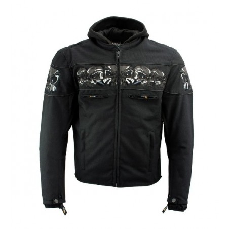 Men’s 'Vengeance' Black Armored Textile Motorcycle Jacket with Skull Embroidery