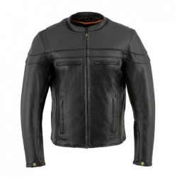 Men's Black Leather Sporty Crossover Scooter Motorcycle Jacket w-Reflective Piping