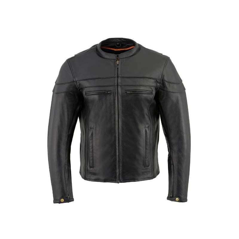 Men's Black Leather Sporty Crossover Scooter Motorcycle Jacket w-Reflective Piping