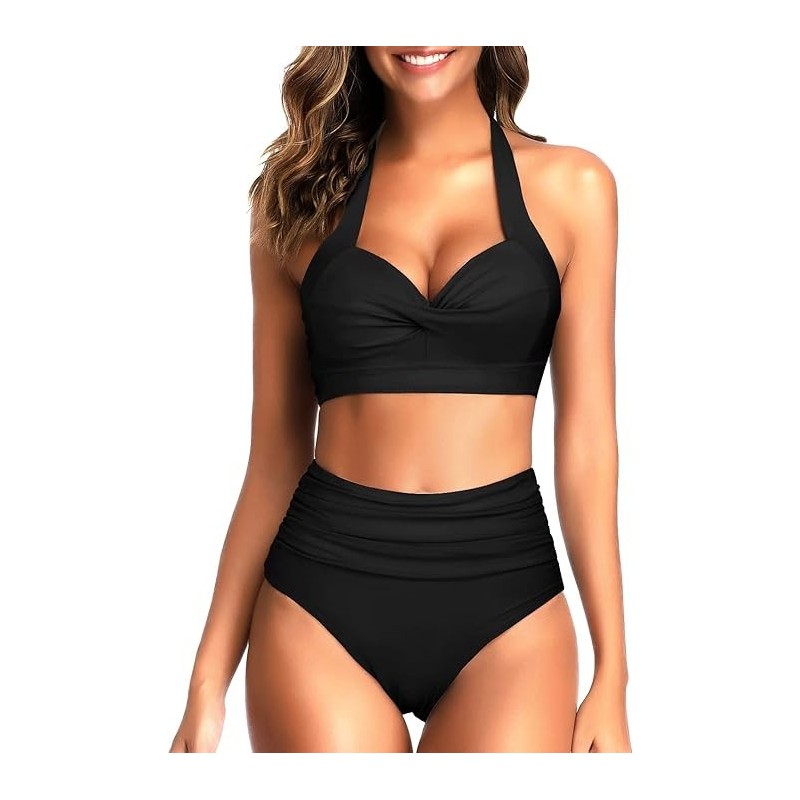 Swimsuit Retro Halter Ruched High Waist Bikini with Bottom