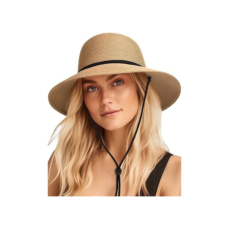 Womens Wide Brim Sun Hat with Wind Lanyard UPF Summer Straw